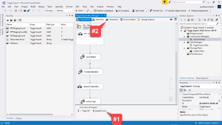 The SSIS package is open here with two markers, #1 and #2. Down below I give details about how to adjust these two pieces in the SSIS package. After they have been adjusted, you can run the package assuming all other steps were accomplished.